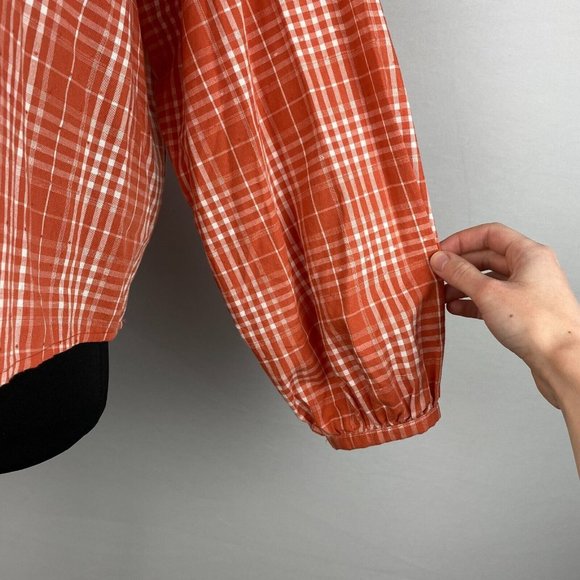 Universal Thread S Orange White Plaid Oversize Button Popover Balloon Sleeve Top - Picture 7 of 12